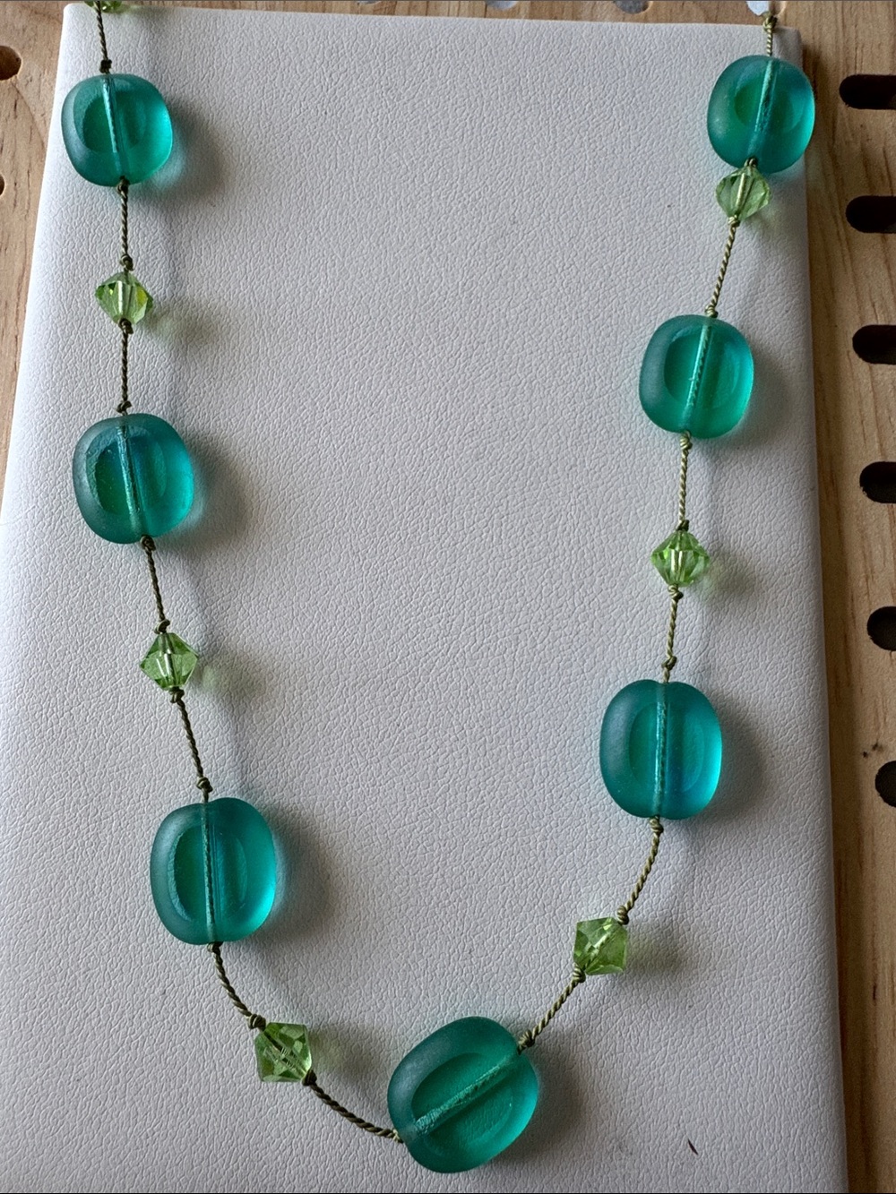 Teal Glass and  Green Swarovski crystal Necklace